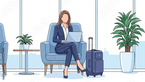 Modern vector illustration of executive working in airport lounge with laptop and suitcase, premium business travel lifestyle and corporate productivity concept