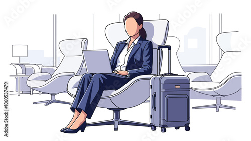 Modern vector illustration of executive working in airport lounge with laptop and suitcase, premium business travel lifestyle and corporate productivity concept