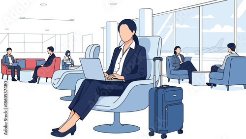 Modern vector illustration of executive working in airport lounge with laptop and suitcase, premium business travel lifestyle and corporate productivity concept