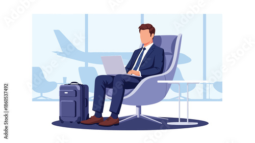 Modern vector illustration of executive working in airport lounge with laptop and suitcase, premium business travel lifestyle and corporate productivity concept