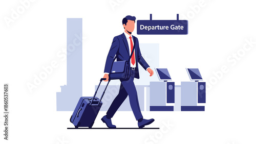 Modern vector illustration of business traveler walking toward departure gate, corporate travel flow and professional journey concept with copy space