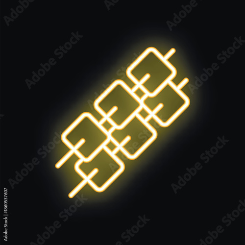 Yellow neon sign of a skewer glowing on a black background