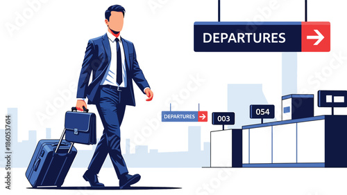 Modern vector illustration of business traveler walking toward departure gate, corporate travel flow and professional journey concept with copy space