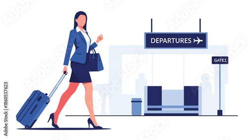 Modern vector illustration of business traveler walking toward departure gate, corporate travel flow and professional journey concept with copy space