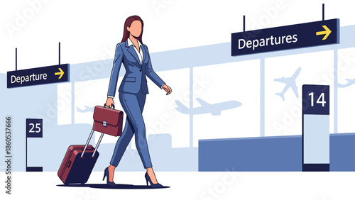 Modern vector illustration of business traveler walking toward departure gate, corporate travel flow and professional journey concept with copy space