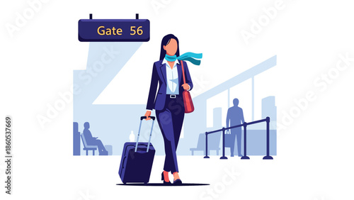 Modern vector illustration of business traveler walking toward departure gate, corporate travel flow and professional journey concept with copy space