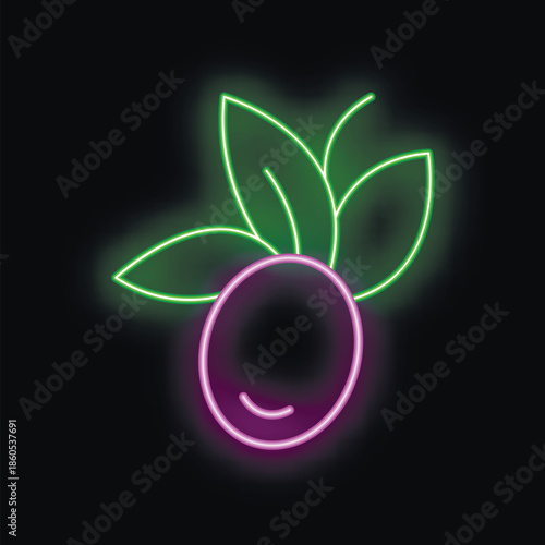 Bright neon sign of a smiling plum with green leaves, perfect for any business looking for a fun and eye catching design