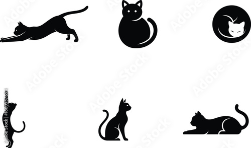 black silhouette cat icons in different poses on white background