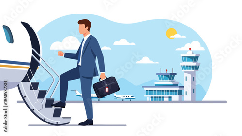 Modern vector illustration of business traveler boarding airplane private jet with carry-on luggage, corporate aviation and professional travel concept