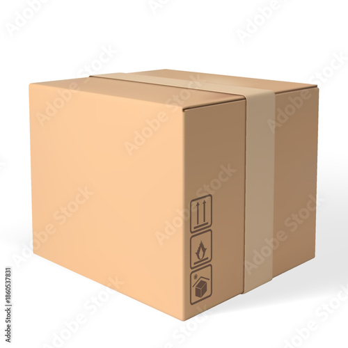 3D cardboard box vector mockup, realistic brown carton parcel closed with tape and transportation symbols delivery cargo