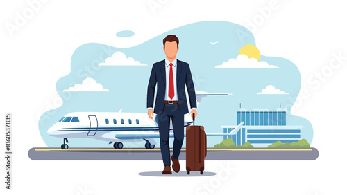 Modern vector illustration of business traveler boarding airplane private jet with carry-on luggage, corporate aviation and professional travel concept