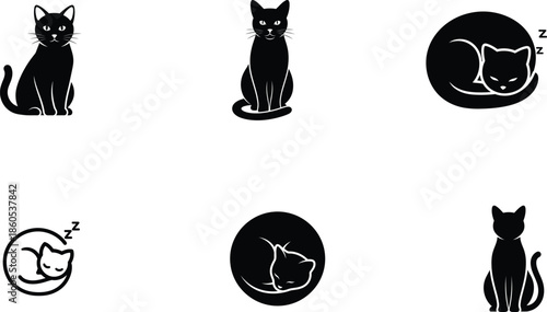 set of black and white cat silhouettes in different sleeping and sitting poses