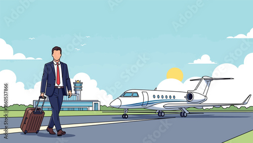 Modern vector illustration of business traveler boarding airplane private jet with carry-on luggage, corporate aviation and professional travel concept