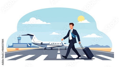 Modern vector illustration of business traveler boarding airplane private jet with carry-on luggage, corporate aviation and professional travel concept