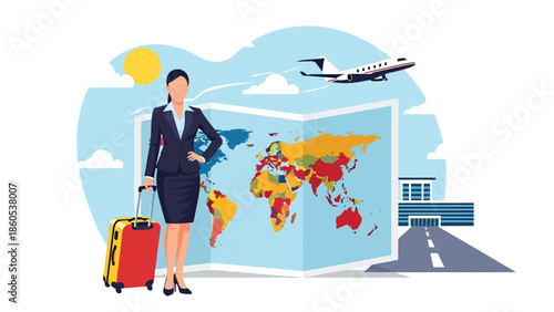 Modern vector illustration of executive standing confidently with suitcase in front of world map, leadership and global business travel concept