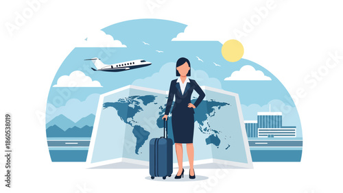 Modern vector illustration of executive standing confidently with suitcase in front of world map, leadership and global business travel concept