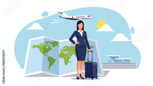Modern vector illustration of executive standing confidently with suitcase in front of world map, leadership and global business travel concept