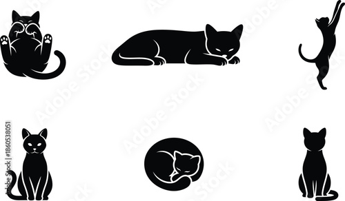Set of black cat silhouettes in different poses and positions