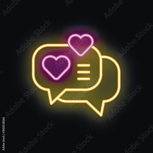 Neon love message icon glowing on dark background representing online dating and romance