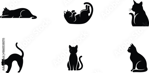 set of black cat silhouettes on white background