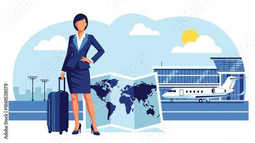 Modern vector illustration of executive standing confidently with suitcase in front of world map, leadership and global business travel concept
