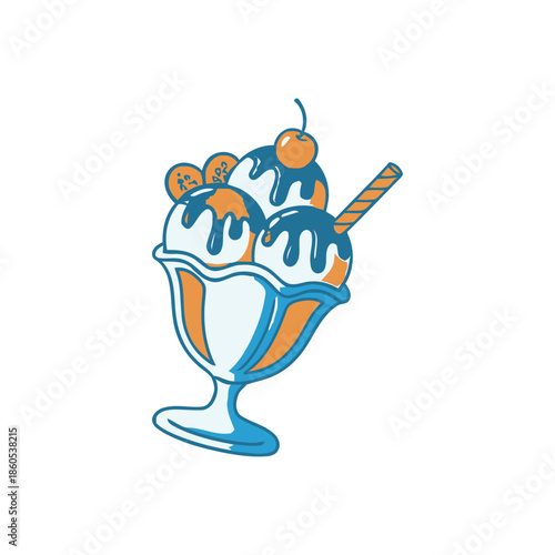 Ice Cream Sundae in Glass with Blue Drizzle and Cherry.