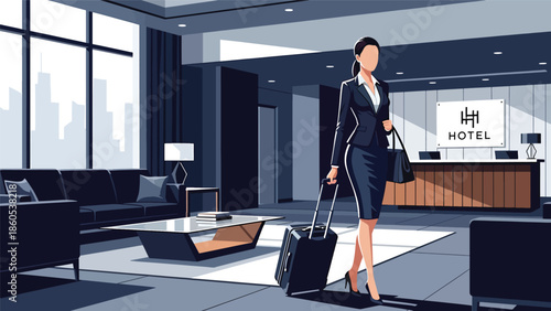 Modern vector illustration of business traveler arriving at hotel entrance with luggage, corporate accommodation and hospitality travel concept