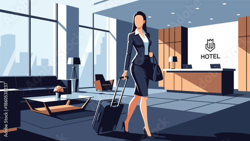 Modern vector illustration of business traveler arriving at hotel entrance with luggage, corporate accommodation and hospitality travel concept