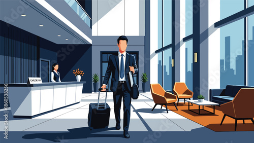 Modern vector illustration of business traveler arriving at hotel entrance with luggage, corporate accommodation and hospitality travel concept