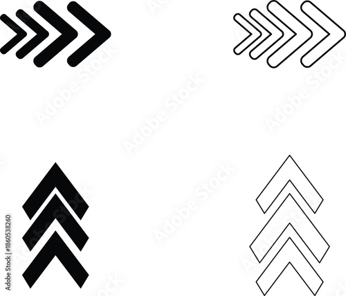 A collection of four triple chevron arrow icons in different styles and orientations on a white background Vector