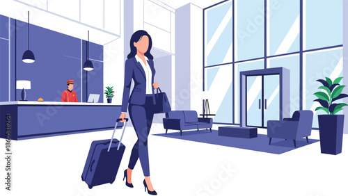 Modern vector illustration of business traveler arriving at hotel entrance with luggage, corporate accommodation and hospitality travel concept