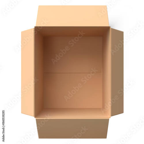 3D open cardboard empty box vector mockup view from above, realistic brown carton parcel, cargo delivery package