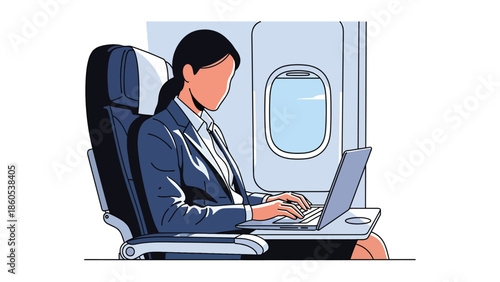 Modern vector illustration of executive working on laptop inside airplane cabin, inflight productivity and business aviation concept