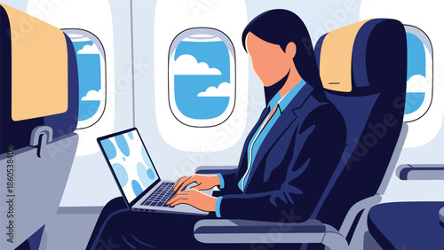 Modern vector illustration of executive working on laptop inside airplane cabin, inflight productivity and business aviation concept