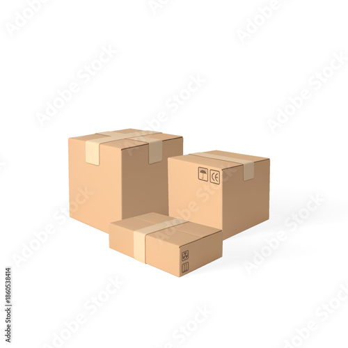 3D cardboard box different sizes vector illustration, brown carton parcel closed with tape and transportation symbols