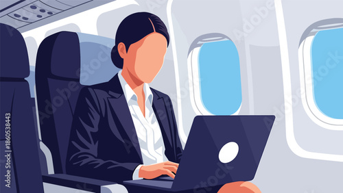 Modern vector illustration of executive working on laptop inside airplane cabin, inflight productivity and business aviation concept