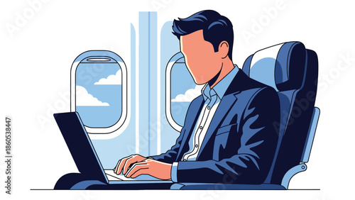 Modern vector illustration of executive working on laptop inside airplane cabin, inflight productivity and business aviation concept