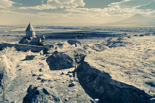 View of Khor Virap Monastery, Ararat Plain and Mount Ararat in the background. Ararat Province, Armenia