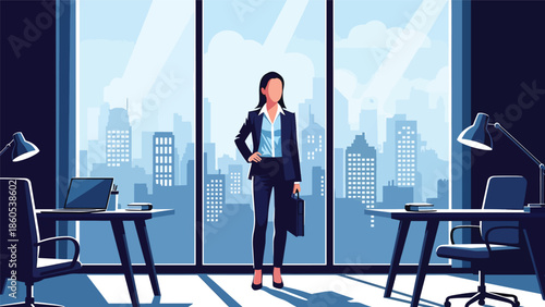 Modern vector illustration of executive standing by window overlooking city before meeting, calm corporate travel and leadership mindset concept