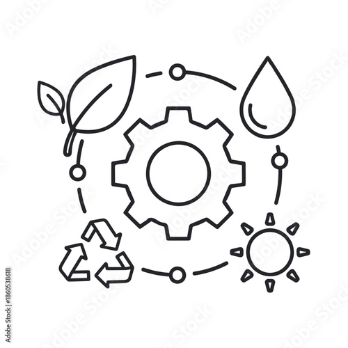 Black and white line of recycling symbol with nature and industrial