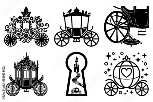 Cinderella carriage silhouette in floral garden with botanical vector arch vector illustration
