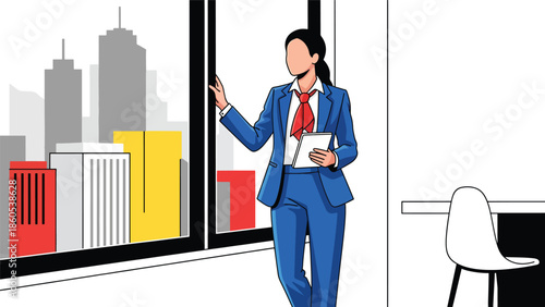 Modern vector illustration of executive standing by window overlooking city before meeting, calm corporate travel and leadership mindset concept