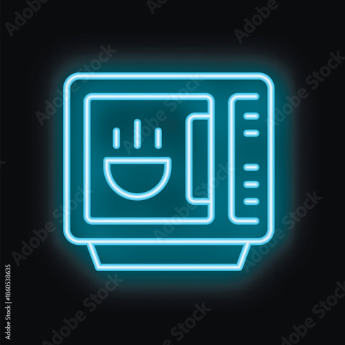 Blue neon microwave icon glowing on a dark background, perfect for representing cooking or takeout food