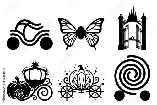 Cinderella carriage with continuous spiral seashell pumpkin and castle gate silhouette vector illustration