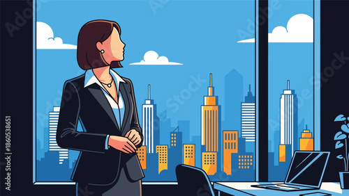 Modern vector illustration of executive standing by window overlooking city before meeting, calm corporate travel and leadership mindset concept