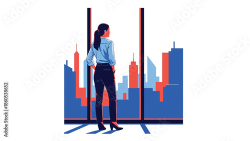 Modern vector illustration of executive standing by window overlooking city before meeting, calm corporate travel and leadership mindset concept