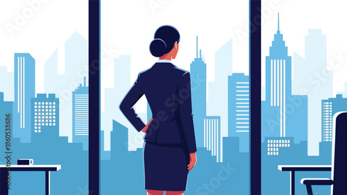 Modern vector illustration of executive standing by window overlooking city before meeting, calm corporate travel and leadership mindset concept