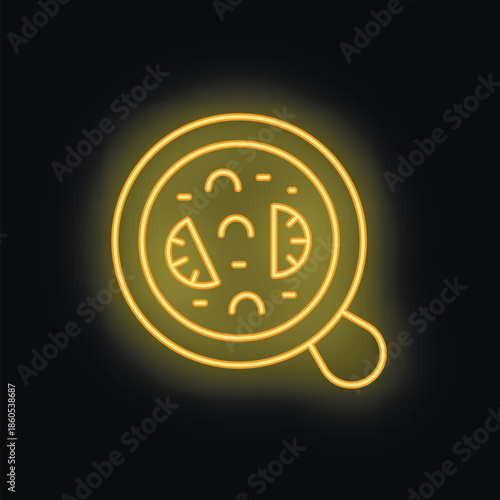 Yellow neon glowing symbol of spanish paella dish with shrimps, mussels and lemon slices, isolated vector illustration