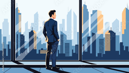 Modern vector illustration of executive standing by window overlooking city before meeting, calm corporate travel and leadership mindset concept