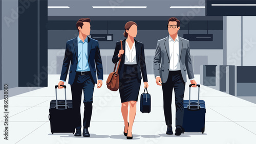 Modern vector illustration of corporate team traveling together with luggage, business collaboration, company trip, and teamwork travel concept